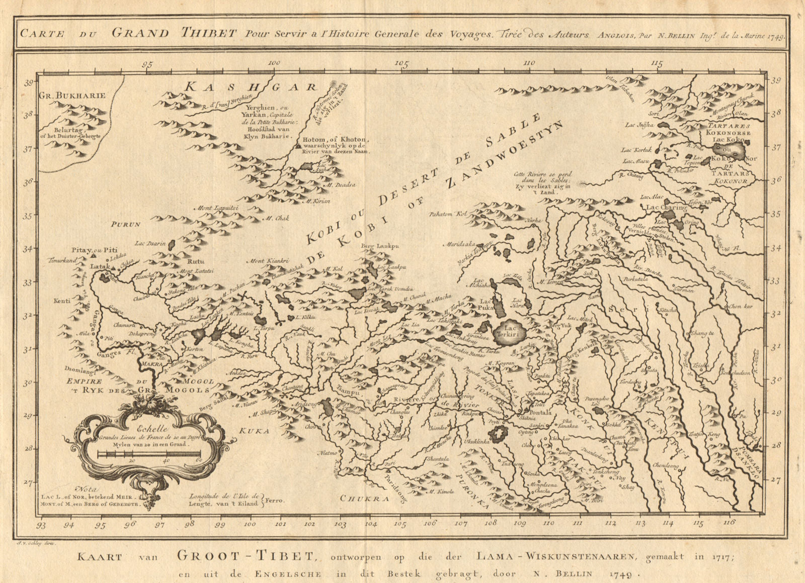 'Carte du Grand Thibet'. Map of Tibet, China. BELLIN / SCHLEY 1749 old